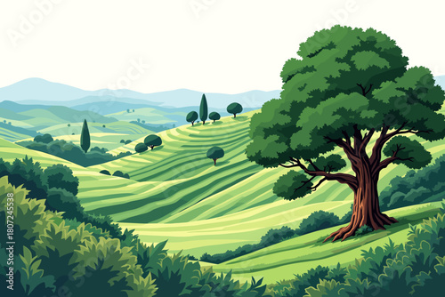 Discover rolling green hills and lush trees in this vibrant landscape illustration for a peaceful escape