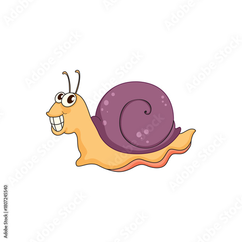 Funny cartoon snail character with a big toothy grin and purple shell isolated on white