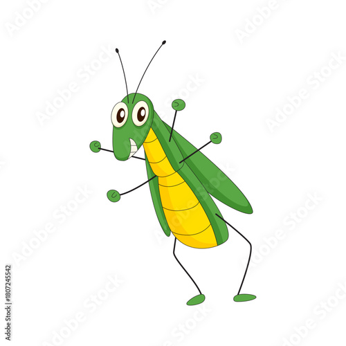 Happy green grasshopper cartoon character with big eyes standing and smiling cheerfully