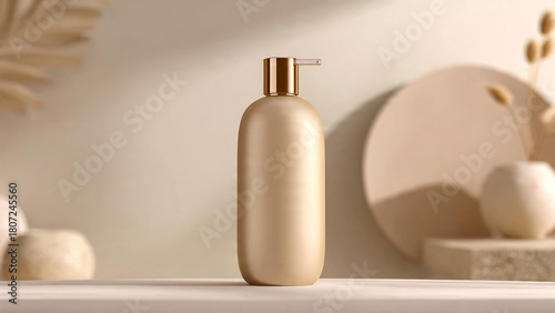 Minimalist Beige Cosmetic Bottle Mockup with Gold Pump on Podium – Natural Skincare Packaging Display with Abstract Shapes and Dried Plant Shadows