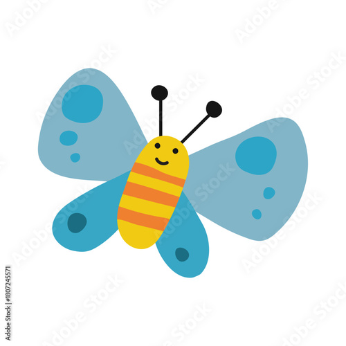 Cute cartoon blue butterfly with yellow and orange stripes on its body, whimsical and adorable