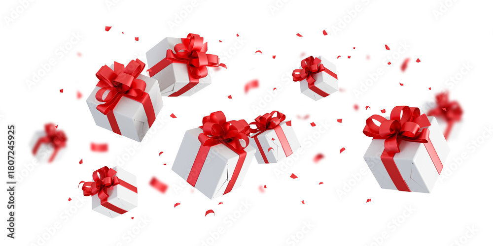 Fototapeta premium christmas gift boxes with red ribbon and confetti flying isolated on white