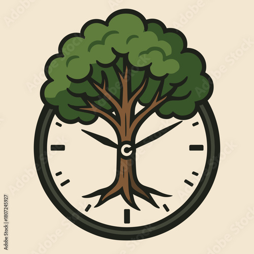 Creative clock design featuring a tree as the clock face in a colorful illustration