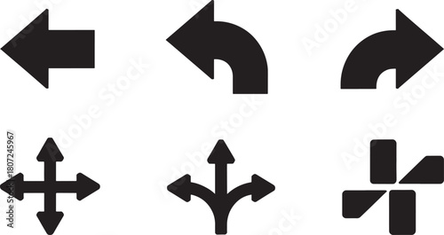 Collection of six black arrow icons on a white background Keywords: arrow, direction, navigation