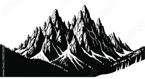 Dramatic jagged mountain peaks in stark black and white silhouette against a subtle landscape.