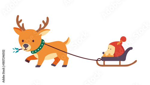 A playful puppy dressed as a reindeer pulling a tiny toy sleigh .vector icon