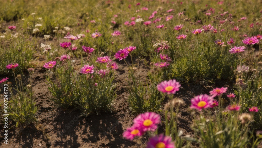 Fototapeta premium Field of vibrant pink flowers in full bloom under the sunlight.