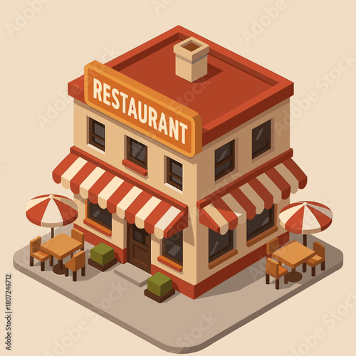 Charming restaurant building with outdoor seating and awnings in a colorful isometric design