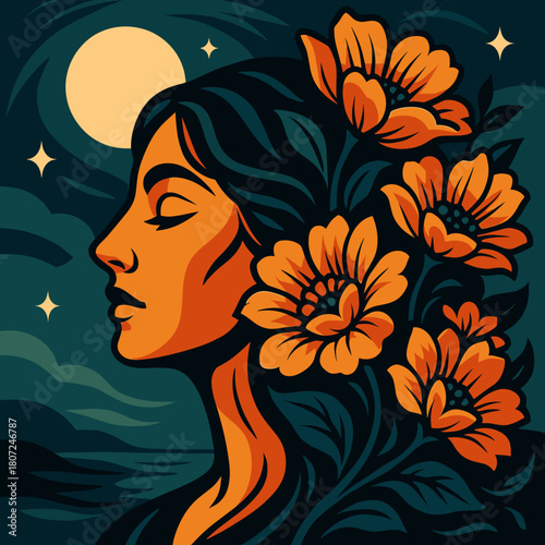 Profile of a woman adorned with flowers against a moonlit backdrop in a vibrant illustration
