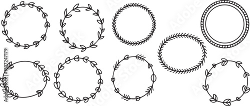 Collection of circular and oval frames decorated with leaves and simple patterns