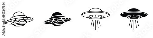 UFO icon in linear and clipart style pack on white background.