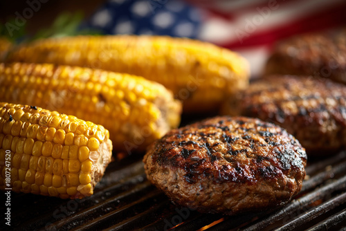Grilled burgers and corn on the cob with an American flag backdrop, representing summer fun and patriotism. Ideal for holiday, picnic, or food concepts. High quality