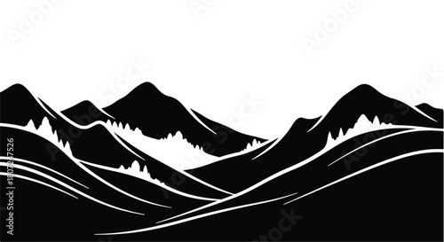 Serene mountain landscape with undulating peaks and valleys under a clear sky