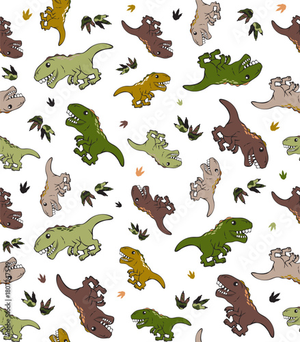 Cut seamless raptor vector pattern. Repeating illustration with green and brown dinosaurs, camouflage and footprints on a white background. Apparel textile print.