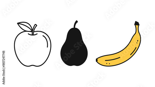 Apple pear and banana line icons simple flat vector illustration for food design isolated on white background