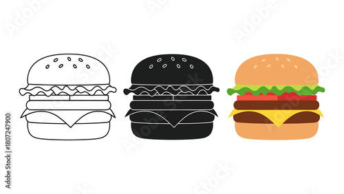 Burger illustration set vector line art and silhouette colorful flat design for fast food menu and restaurant promotion