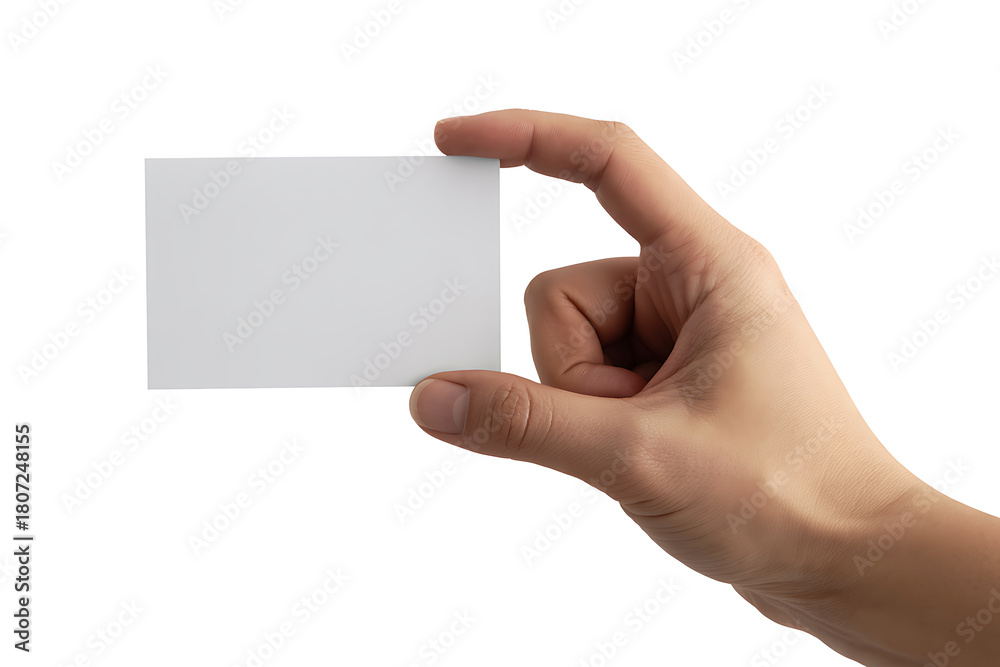 Obraz premium Hand holding a blank white business card isolated on white background