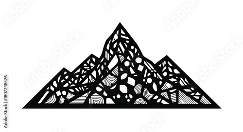Abstract geometric mountain range in black and white with intricate crystal-like details.