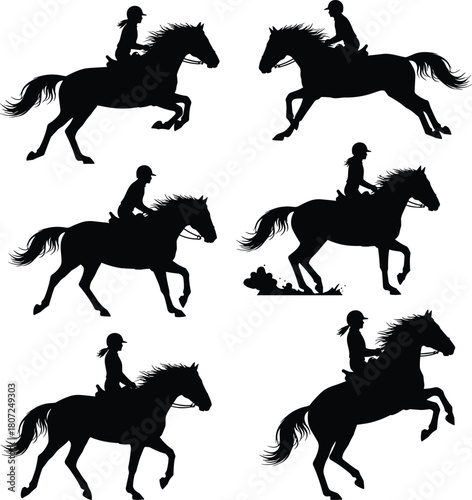 Horse riding silhouette collection featuring dynamic equestrian poses, galloping, jumping, and trotting scenes, perfect for sport, training, outdoor activity, and horseback vector illustrations