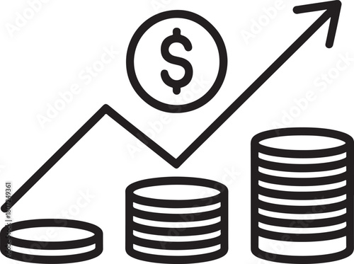 Growing money graph with dollar coin and stacks of coins icon finance growth