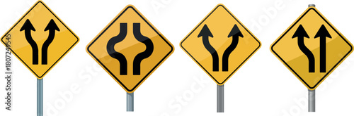 A collection of yellow diamond shaped road signs with black arrow illustrations