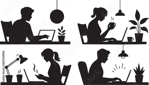 Silhouetted figures of diverse people work remotely at their desks with laptops and plants