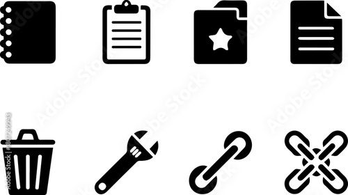 Silhouette of notebook with spiral binding shows organization and information management in simple icon style totaling 127 characters