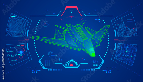 concept of aerospace engineering of space travel, graphic of lined spaceship with scifi interface