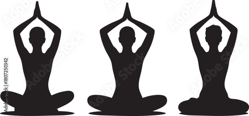 Three black silhouettes show female figures meditating with hands together above head and transparent background