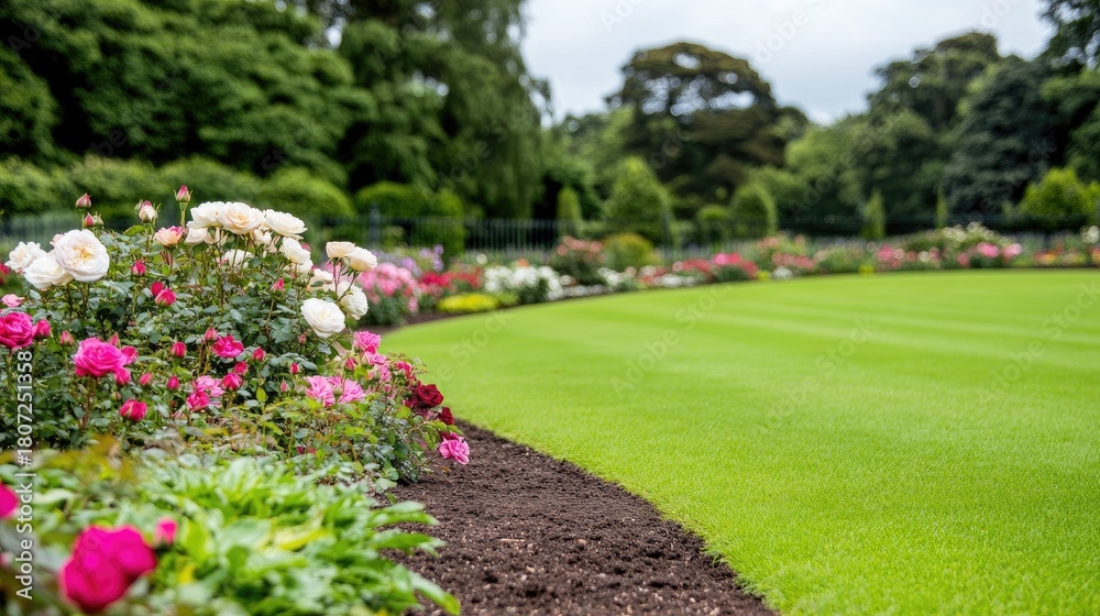 Obraz premium Stunning rose garden in the city park showcases vibrant blooms on a sunny day amidst lush greenery and a tranquil atmosphere