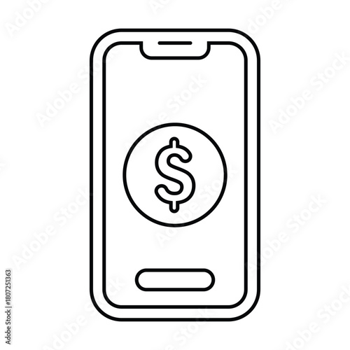 Minimal line-art smartphone icon with dollar sign, black and white mobile payment and banking vector