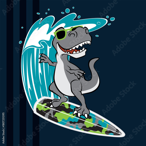 Photography Surfing Tyrannosaurus Rex vector illustration with a fun dinosaur character on a surf board and wave on a navy blue background
