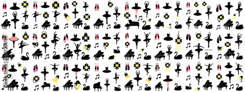 Ballet and Classical Performance Seamless Vector Pattern featuring Dancer Silhouettes, Pink Pointe Shoes, Grand Pianos, and Stage Lights.