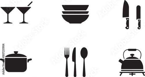 Kitchenware Icons Glasses Bowls Knives Pots Cutlery Kettle cooking food