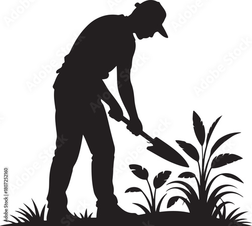 Silhouette of a gardener tending to plants in a garden