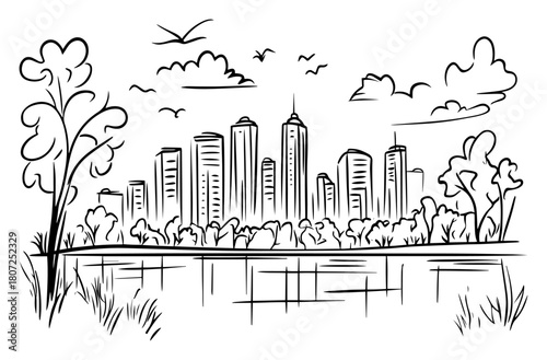 Modern city skyline reflected on lake – downtown skyscrapers framed by park trees and flying birds minimalist line illustration