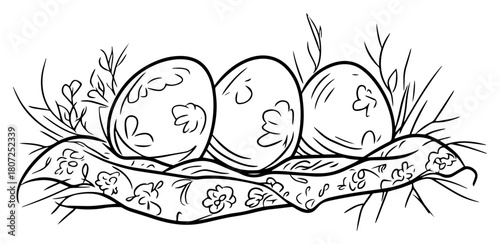 Decorated Easter eggs in nest – intricate floral patterns on holiday shells surrounded by spring twigs line art illustration