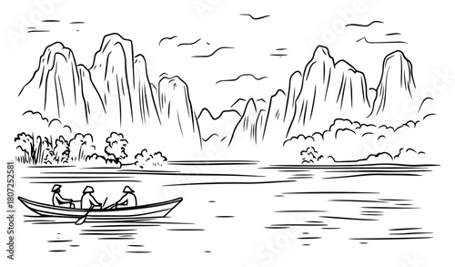 Karst limestone mountains rising over tranquil river – fishermen rowing boat idyllic Asia panorama sketch
