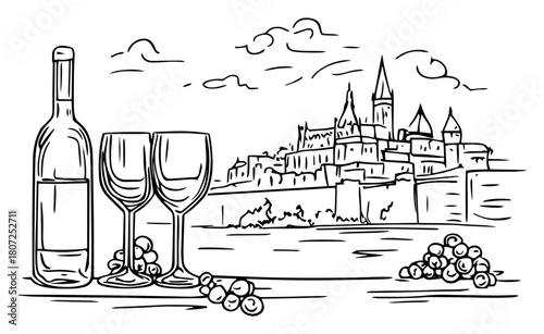 Wine bottle and glasses with vineyard castle backdrop – romantic tasting scene hand‑drawn illustration