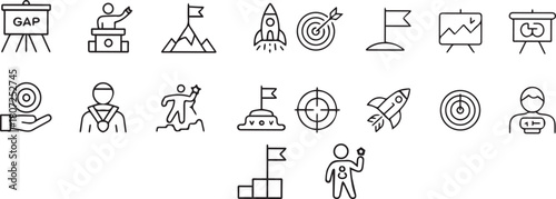A collection of black and white line art icons representing business concepts
