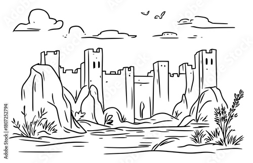 Clifftop fortress walls – ancient stone citadel perched above rugged canyon landscape ink illustration