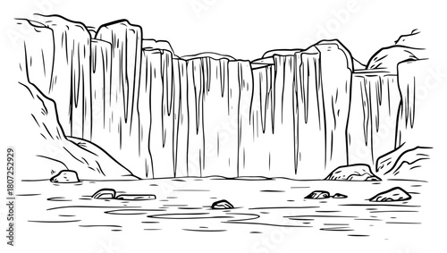 Tall cliff waterfall curtain – water plunging down rocky wall into basin panoramic line art