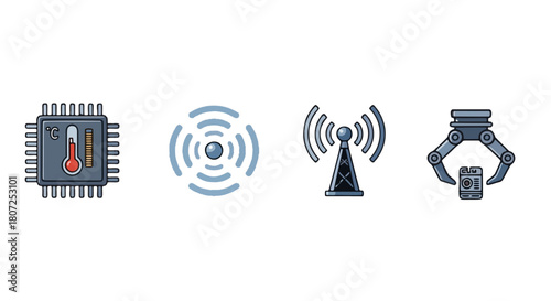 Modern technology concept icons CPU with thermometer, wireless signal, communication tower, and robotic arm. Illustrates smart devices, IoT, and automation