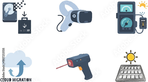 Digital Data Transfer and Technology Icons for Cloud Migration and Data Management