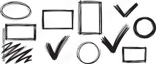 Collection of hand drawn shapes including squares circles and check marks in black