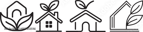Four house icons with leaves in a row representing eco friendly homes design