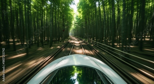 High-speed train through forest, speed and technology concept, railway journey for eco-tourism, motion blur, idyllic scene for travel advertisements and green initiatives.