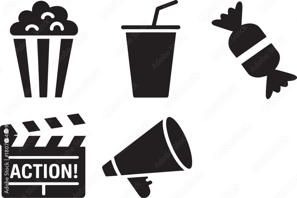 Fototapeta premium Movie Night Icons Including Popcorn Drink Candy Clapperboard Megaphone Keywords: movie, cinema, film