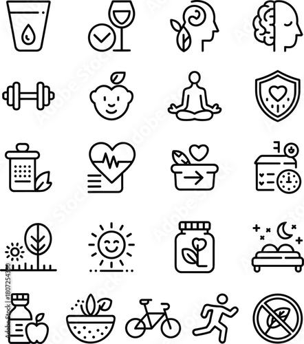 Comprehensive wellness and healthy lifestyle icon collection featuring fitness, nutrition, mental health, self-care, organic living, exercise routines, and balanced daily habits