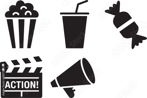 Movie Night Icons Including Popcorn Drink Candy Clapperboard Megaphone Keywords: movie, cinema, film